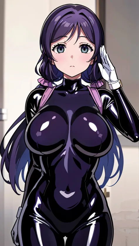 1 girl,nsfw,nozomi tojo, (lovelive), clavicle, absurd, brainwashing,combatant, empty eyes,((purple glowing eyes 1.5))( huge brea...