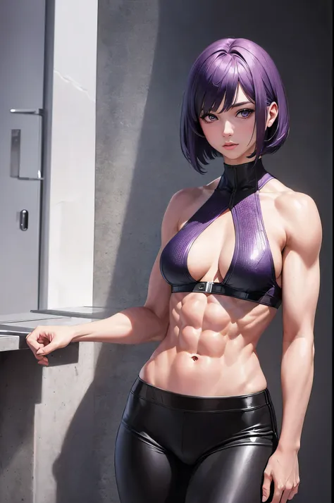 (realistic: 1.4), highest quality, very delicate and beautiful, High resolution, masterpiece, highest quality, 1girl, purple eyes, purple hair, fluffy bob cut, light, (abs:1.5), (muscular:1.3), 