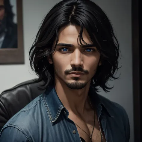 Personaje masculino, cabello corto negro azabache, ojos azules verdosos, alto, fair-haired, que se vea como un asesino 