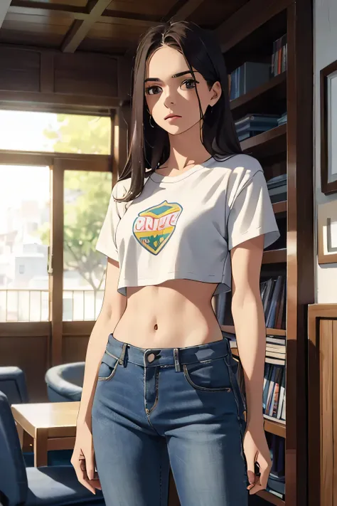 la mejor calidad, cuerpo completo como，cara refinada，20 year old university student，Cuerpo delgado，smaller bust，Camiseta crop top blanca，Pantalones cortos ultra denim sin cintura，escena callejera，Stand tall 