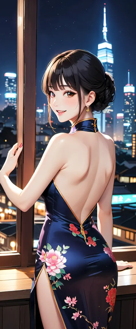 woman,20-year-old,,city,night,(((Silk cheongsam))),,open mouth smile((black hair)),blush、,((turn around and look back))()Reflecting the buttocks