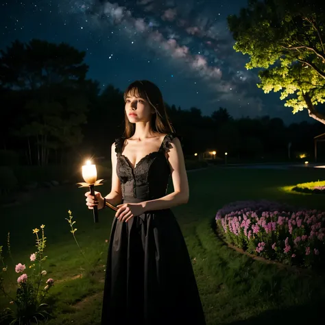 a girl with intense eyes,holding a glowing magical sword,in a mysterious and enchanting garden,under a starry night sky,emitting...