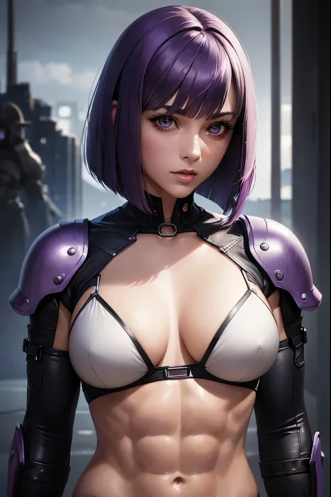 (realistic: 1.4), highest quality, very delicate and beautiful, High resolution, masterpiece, highest quality, 1girl, purple eyes, purple hair, medium breasts, (Bob cut Hair:1.3), , (abs:1.2), (muscular:1.1), cyber punk suits, wavy hair,