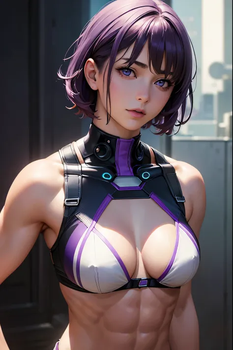 (realistic: 1.4), highest quality, very delicate and beautiful, High resolution, masterpiece, highest quality, 1girl, purple eyes, purple hair, medium breasts, (short Hair:1.3), , (abs:1.2), (muscular:1.1), cyber punk suits, wavy hair, Magic Circle