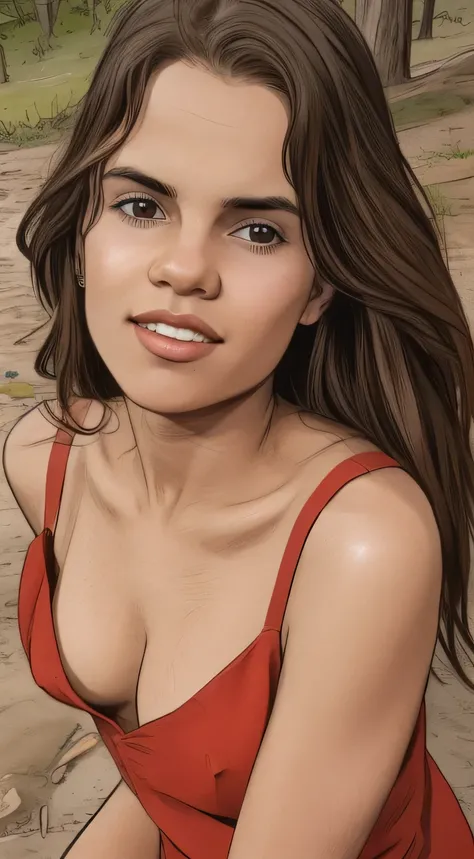 close-up, looking at viewer, girl in, age20, Solo, Aesthetic artwork, irish,  (long straight brown hair, brown eyes), A-cup, runners body, (gape, textured skin, skin pores, open mouth:1.1), goosebumps, in a red sundress, downblouse, sexy, taking a close-up...