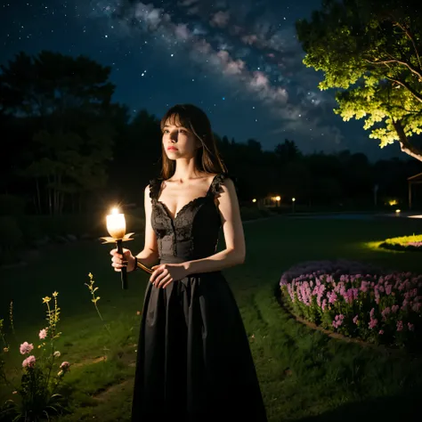 a girl with intense eyes,holding a glowing magical sword,in a mysterious and enchanting garden,under a starry night sky,emitting a soft blueish light,with delicate flowers and plants surrounding her,the atmosphere is filled with a sense of wonder and magic...