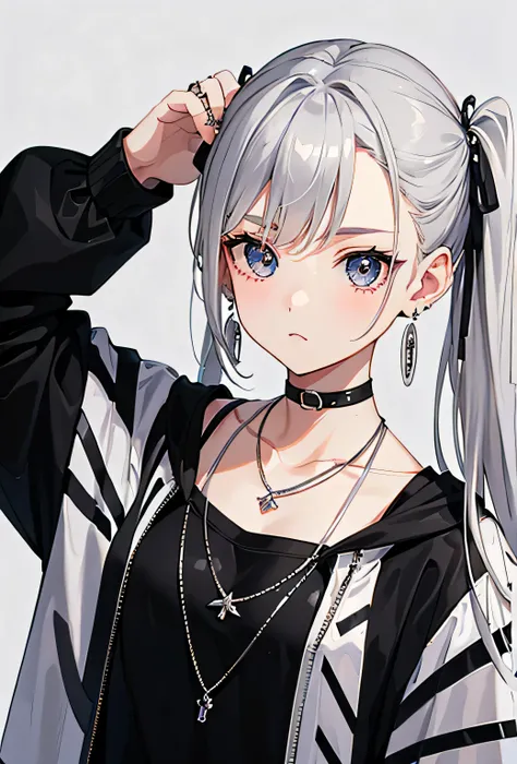 high quality, Rich in details, Silver-haired girl with twin ponytails posing cutely. She wore a retro gothic street hoodie with rings, bracelet, earrings and necklaces. You can even see it. medium long shot,The photo is a close-up of the face, There&#39;s ...