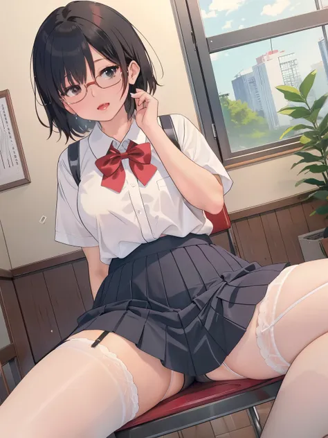 ((masterpiece, highest quality, 1 girl、)), mature woman, (heavy body),、、sit on a chair、spread your legs wide:1.5、 (white shirt、pleated skirt、Red lace panties、black garter belt), black hair, glasses:1.4、short hair, black eye , embarrassing、blush、((close,)) ...