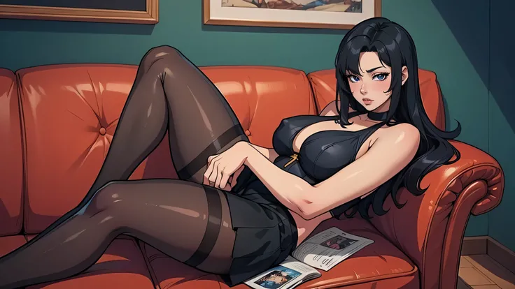 Anime girl with black hair and black skirt posing in front of sofa 8k, digital illustration, seductive, anime vibes, artwork in the style of digital artist Zheng Wei Gu, [4k digital art], high-quality art style, pantyhose