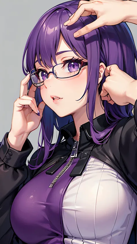 purple eyes, Glasses, juicy lips, hand