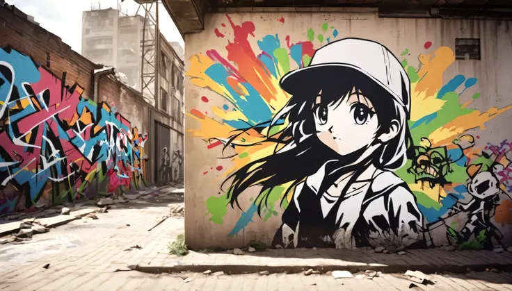 banksy-like abstract street art, one girl in a baseball cap, graffiti on walls, back alleys, destruction and renewal, impact, ba...