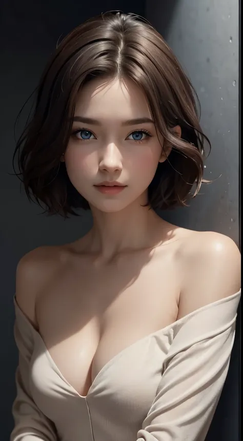 Top that fits your skin:1.2, looking at the viewer, cinematic lighting, perfection, soft light, high resolution skins:1.2, realistic skin texture, 30 year old mature woman、small face、No makeup、, off shoulder,bust B cup、small breasts、 exposed cleavage, blue...