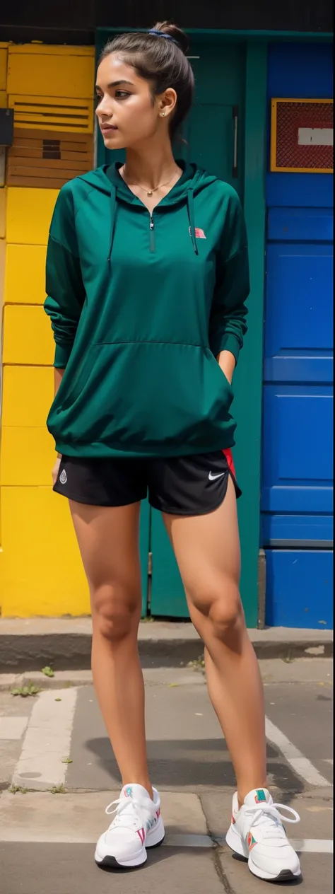 araffe woman in green blusa and shorts pretos standing in front of a colorful building, wearing shorts pretos, black Shorts de menino, In shorts, shorts pretos, shorts esportivos, sutiã e shorts streetwear, large coxas, mulher baixa e robusta, Shorts de me...