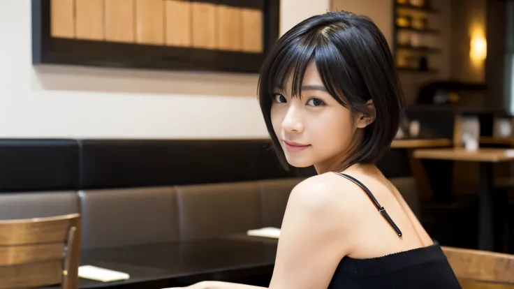 japanese woman, 30 years old, slender body shape, small breasts, very thin waist, beautiful face, beautiful eyes, black short hair, She wears tight, Short gray knit dress with open back design., Sitting in a fashionable café, look back at you kindly, 1 gir...