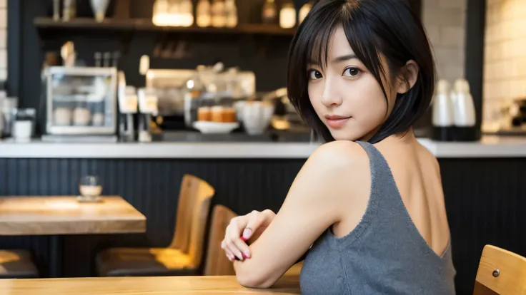 japanese woman, 30 years old, slender body shape, small breasts, very thin waist, beautiful face, beautiful eyes, black short hair, She wears tight, Short gray knit dress with open back design., Sitting in a fashionable café, look back at you kindly, 1 gir...