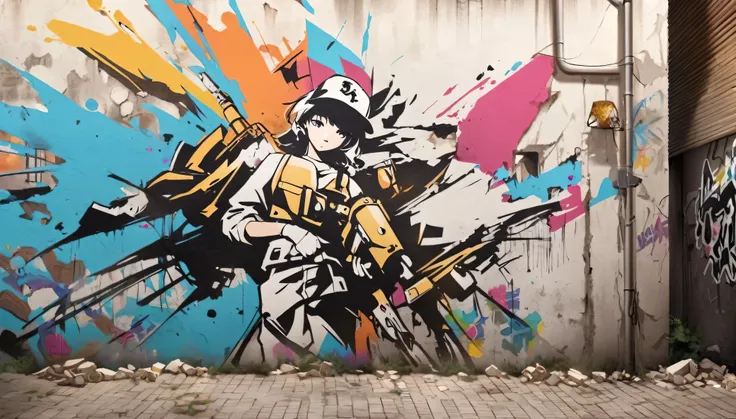 Banksy-like abstract street art, one girl in a baseball cap, graffiti on walls, back alleys, destruction and renewal, impact, Banksy-style art, paint art, background of a deserted urban landscape,