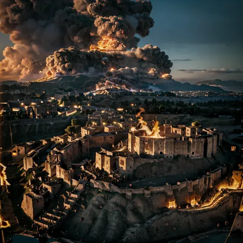 vesuvius erupts, incandescent lava submerges pompeii. dawn over ancient pompeii, ancient rome, the city of pompeii, the heyday, ...