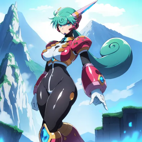 marino_megamanx, 1girl, green hair, blue eyes, ponytail, detailed face, breasts, high quality, masterpiece, standing on a hill with mountains around him, in the style of anime art, imposing monumentality, translucent immersion, grandeur of scale, i cant be...