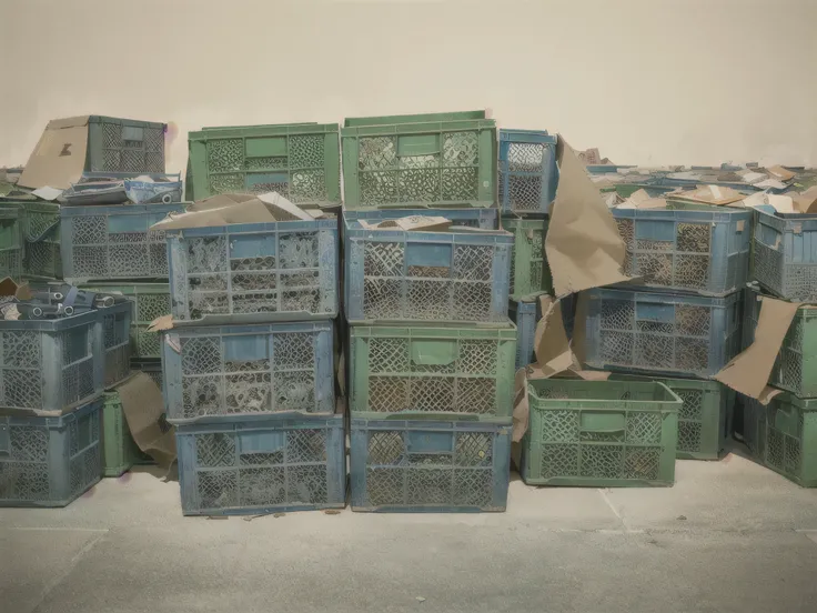 There are many crates stacked on the floor of the room, Inspired by Zhang Kechun, Crates and parts on the ground, by Mattia Jama, Plastic, author：Richard Carlin, author：Matthias Wescher, Thomas Hafner, by Elsa Breda, wooden box, Military storage compartmen...