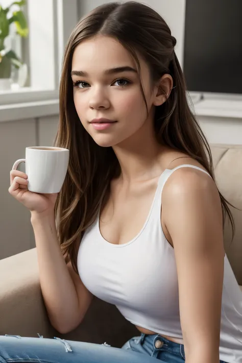 1girl, Hailee Steinfeld, random hairstyle, athletic body, perfect beautiful face, beautiful realistic eyes, fair skin, detailed skin texture, large natural breasts, seductive smile, focused, she looks amazing, holding a cup of coffee, (White tank top, tigh...