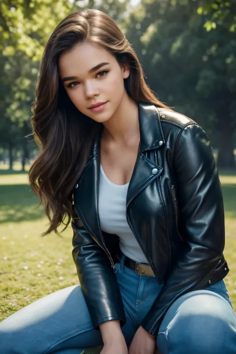 a gorgeous woman (Hailee Steinfeld), beautiful woman, skinny, (Masterpiece, best quality, photorealistic, highres, professional photography:1.4), (open short leather jacket:1.25), (short tight white tank top:1.1), (blue jeans:1.2), (stiletto heels:1.3), pe...