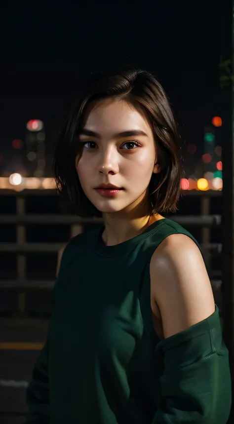 23-year-old girl, beautiful, short shoulder-length hair, almond eyes, no makeup, dark green sweatshirt, big shirt, sweatpants, in front of the fence, night city, cyberpunk atmosphere, close-up, (photo:1.2), (super realistic:  1.3), (very detailed: 1.1), ((...