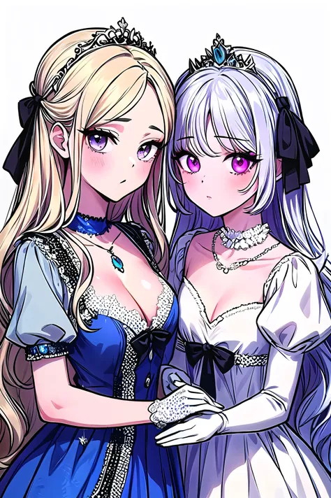 masterpiece, best quality, manhwa-artstyle,floral background), romance manhwa, (2girls:1.2), (aligned), silver hair, blonde hair, solo, long hair, flower, dress, (tiara), white dress, gloves, long sleeves, choker, mascara, makeup, white gloves, black bow, ...