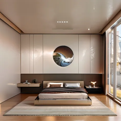 modern bedroom interior design, pictures, glass doors, (door 1.5), daylight, soft light, pictures, (wooden bed 1.5), actual phot...