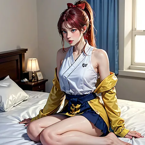 masterpiece, Super high quality CG, highest quality, perfect picture, alone, Lydia Sobieska (Iron fist, Blonde hair with high ponytail, blue eyes, Red Hair Bow, strong), wearing a sexy karate uniform, sitting on the bed, turn to the side, blush, Showing sh...