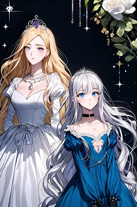 masterpiece, best quality, manhwa-artstyle,floral background), romance manhwa, (2girls:1.2), (aligned), silver hair, blonde hair, solo, long hair, flower, dress, (tiara), white dress, gloves, long sleeves, choker, mascara, makeup, white gloves, black bow, ...