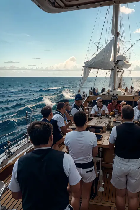 Crew on a Ship: A dynamic scene on the deck of a sailing ship, showing a diverse crew working together harmoniously, each member actively engaged in their task, with the vast ocean and a distant horizon in the background.