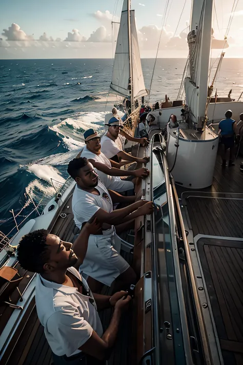 Crew on a Ship: A dynamic scene on the deck of a sailing ship, showing a diverse crew working together harmoniously, each member actively engaged in their task, with the vast ocean and a distant horizon in the background.