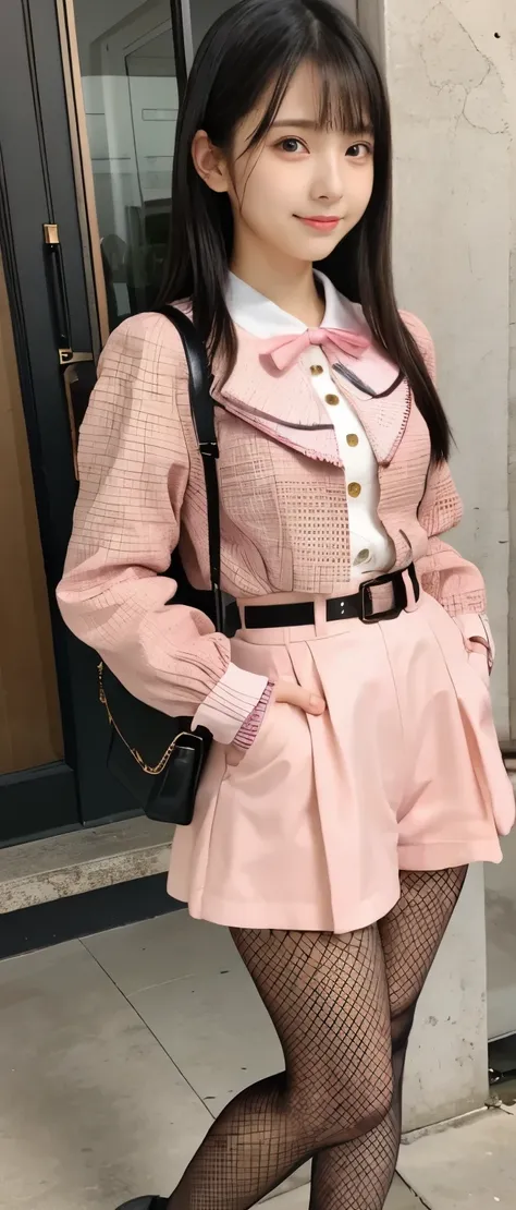 fantastic teenager girl、、leather tight shorts、、、good style、cutely standing upright、whole body、、neat face、heart buckle belt、heart pattern fluorescent pink jacket、Fishnet tights