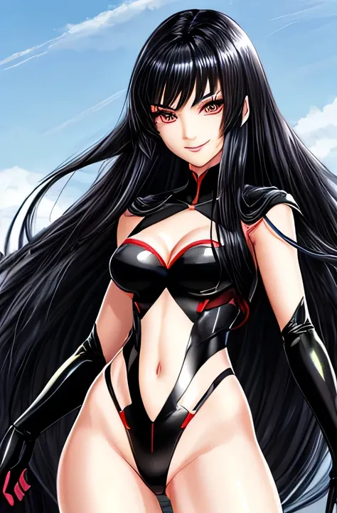 20th generation,1 woman,anime,cool beauty,black hair,beautiful face,sharp outline,feminine eyebrows,whole body,medium long hair,smile