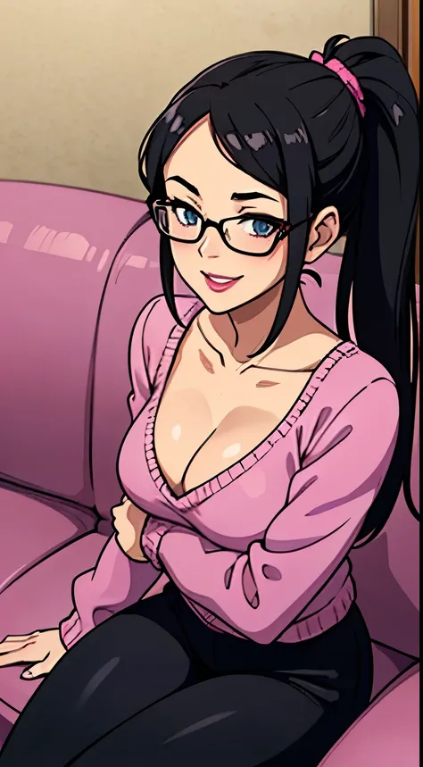 Sexy and cute woman, black hair in a ponytail, glasses, pink lips parted, purple knitted sweater, black pants, sitting on couch, seductive yet comforting smile, blushing, medium chest, cleavage, perfect body 