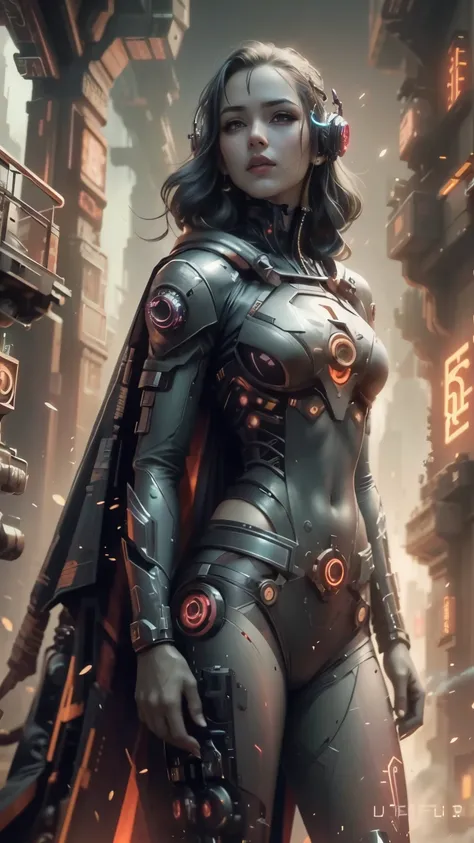 A woman in a futuristic suit stands in front of the city, Female Cyberpunk, 商人girl, Soft cyberpunk style, girl, cyberpunk women, Advanced digital cyberpunk art, 机甲网络装甲的girl, science fiction woman, Seductive cyberpunk dark fantasy, 赛博朋克动漫girl机甲,  - girl, Ar...