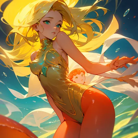 a beautiful woman with blond hair and light green eyes emerges from the red sea, on her chest are two jellyfish covering her breasts.