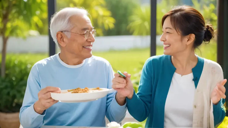 Create an artwork that captures the essence of health and happiness brought by onion powder, focusing on a senior couple enjoying life with bright smiles and an aura of contentment. The painting should reflect the joy and health benefits of onion powder, s...