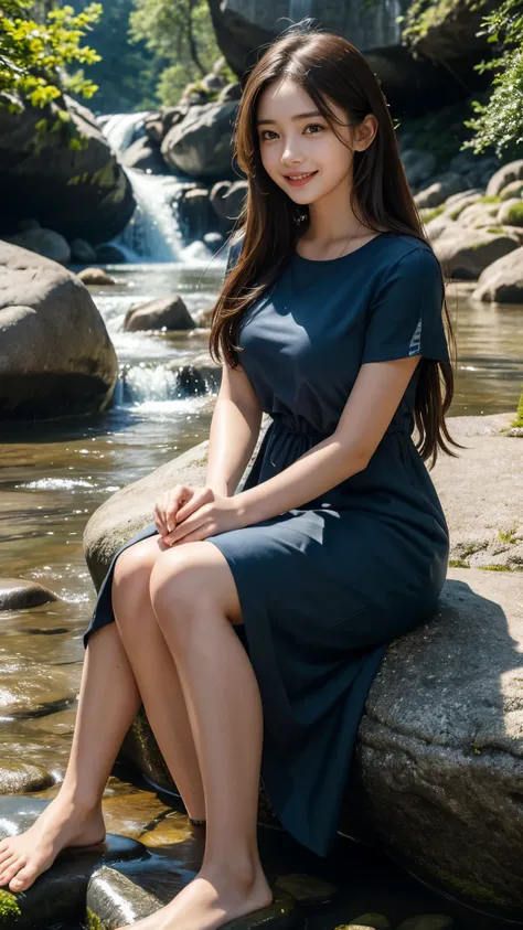 (best quality,ultra-detailed,realistic:1.37),portraits,beautiful young girl,youthful female model,riverbank and rocks or temple or bridge,Sweet girl clothes4, Libra dress,jewelry,sitting under a waterfall,sitting posture,sitting on a rock,drenched all over...