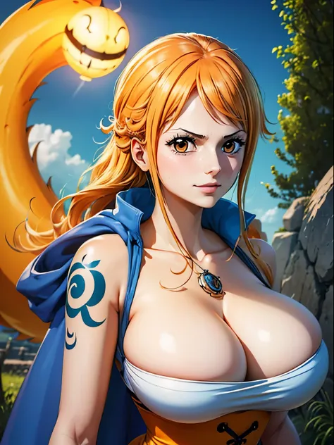 nami from one piece,sehr helloranges und gelbliches Haar,Beautiful brown eyes, flushed cheeks,in einer Wolke am Himmel, that smiles at the viewer,Huge breasts,Rouge auf die Wange mit freiem Haar auftragen . Sie sollte ein antikes griechisches Outfit tragen...