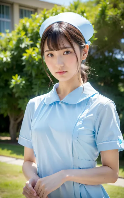 ((top quality, 8k, muste piece: 1.3)), beauty, one japanese girl, nurse, whole body, perfect anatomy, Are standing, black hair, Blunt Bangs, Lower ponytail, 20 years old, face focus, detailed face, highly detailed lips, fine eyes, sweaty skin: 1.2, nurse u...