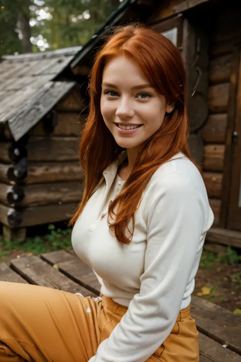 A close up portrait of a busty red haired girl, smiling, wearing tight outdoor clothing, sitting on the ground in front of a log cabin in the woods, hyper realistic photo, picture taken with canon eos 3 and kodak gold 400