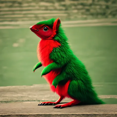 green background, red cute fictional creature , real, facing forward,