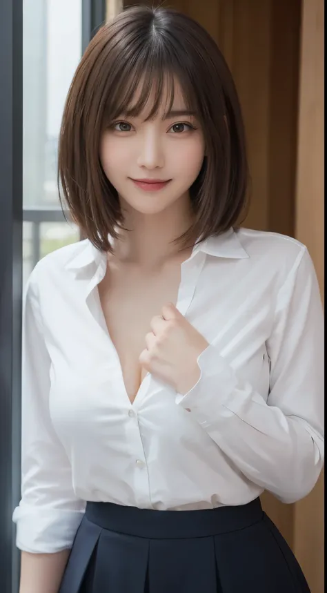 whole body, highest quality, figure, Super detailed, finely, High resolution, 8K, 完璧なダイナミックな構figure, detailed and beautiful eyes, white shirt,perm hair, middle of chest, natural color lip, Random and natural poses,smile,tower apartment，big breasts，skirt，