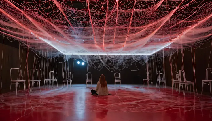 Multiple empty chairs in a room with a reflective floor surrounded by a dense network of red threads that hang from the ceiling like cobwebs, some of the threads are luminous. In only one of the chairs is a woman sitting dressed in white,