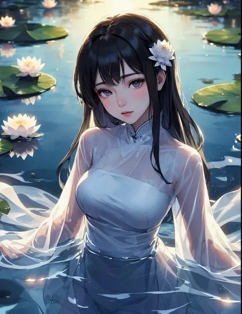 1lady solo, (from above), standing in pond (in water:0.8), white (Ao dai) stylish, mature female, /(black hair/), (melancholic expression:0.6) (light blush:0.7), (masterpiece best quality:1.2) delicate illustration ultra-detailed, medium breasts BREAK (cle...