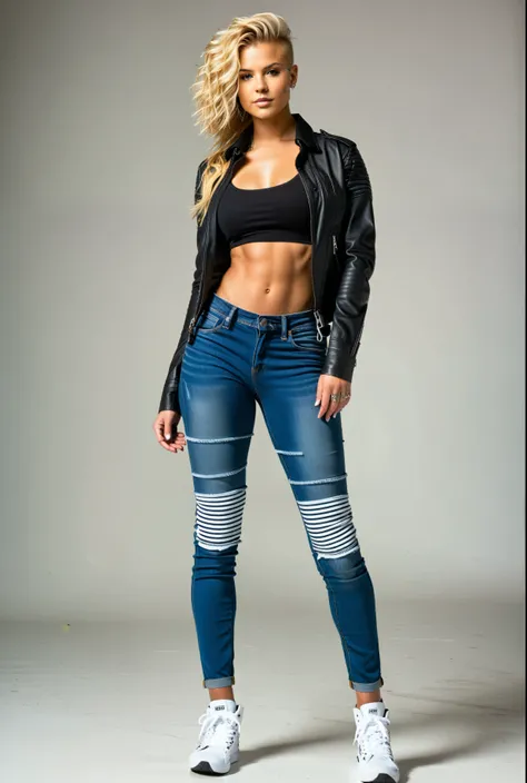 (((short blonde hair, shaved sides, hi-top fade)))  arafed woman in a black top and blue jeans posing for a picture, photo of a slender girl model, it becomes curvy physique, suitable girl, Fitness model, Model with attractive body., athletic build, black ...