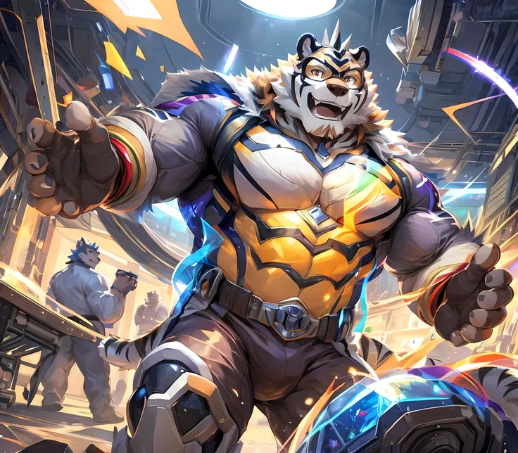 masterpiece,high quality,anime,detailed eyes,furry male white tiger, ryekie, great physique,strong arms manly, walk through hall...