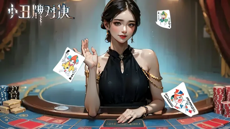 alafad woman in black dress holds playing cards at roulette table, poker style, kanliu666, online casino logo, queen of the sea ...