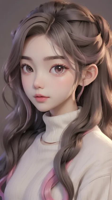 girl, long brown hair, gray eyes, sharp features, white skin, pink lips, wavy hairstyle, sweater, brown jacket